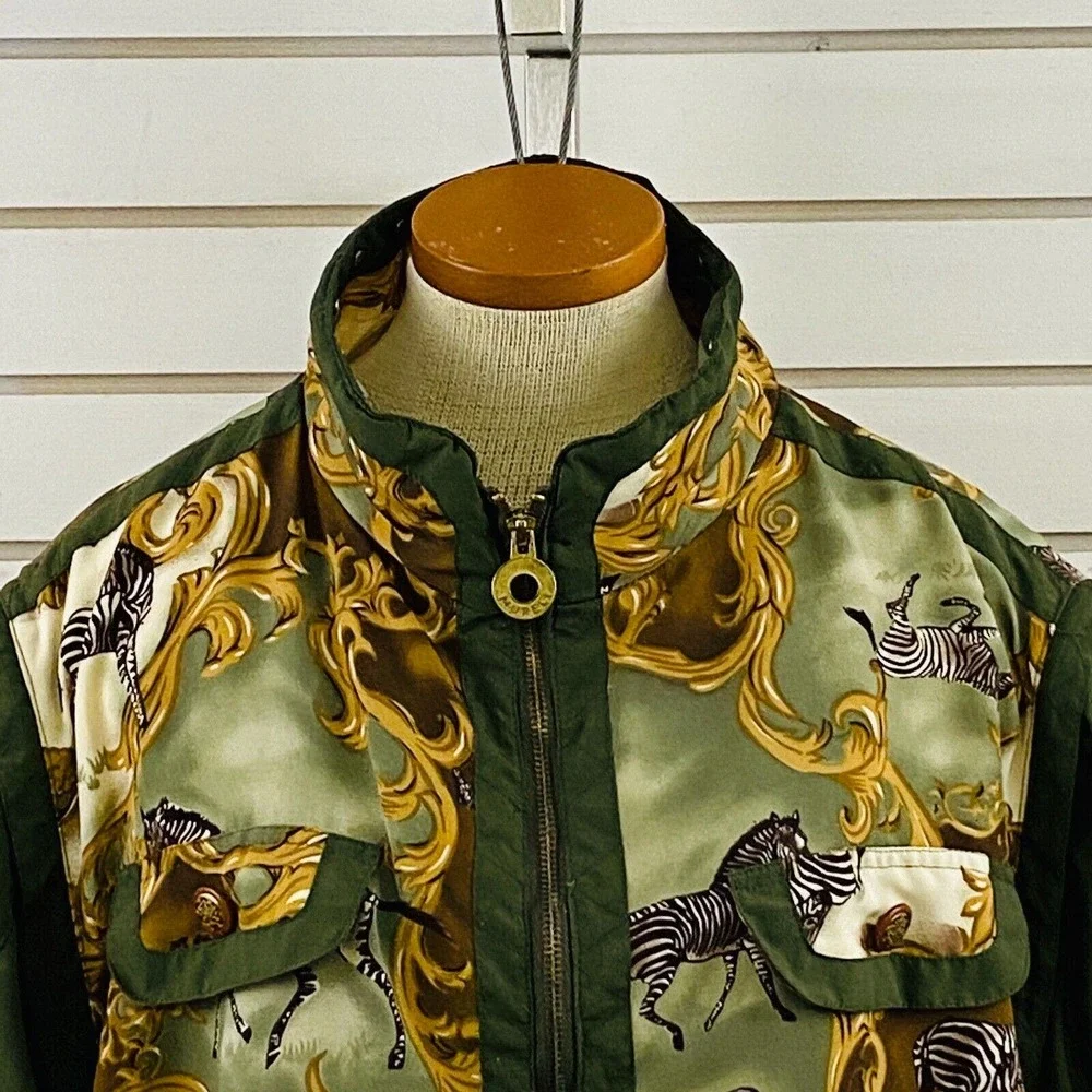 Vintage Womens L‎ Mureli Windbreaker Jacket Zebra Green Zip Off Sleeves Vest